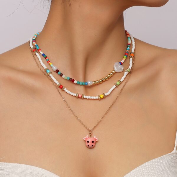 

3pcs Bead Decor Necklace, Multicolor
