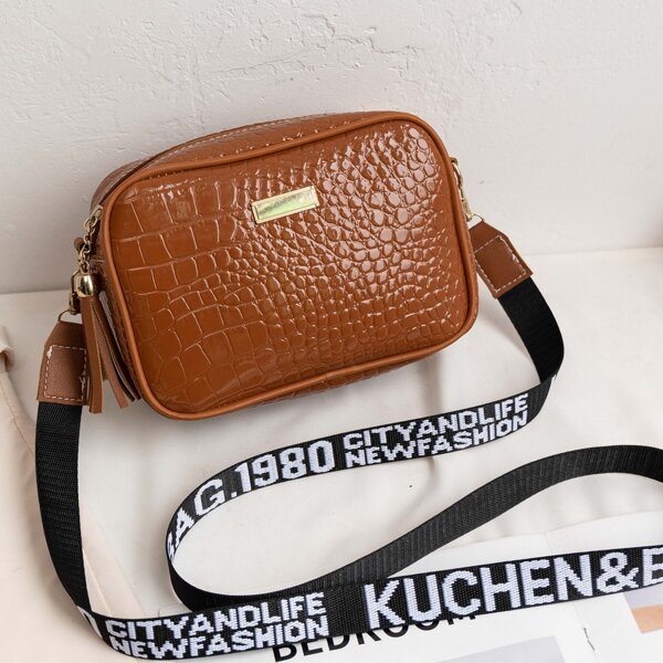 

Croc Embossed Tassel Decor Crossbody Bag, Brown