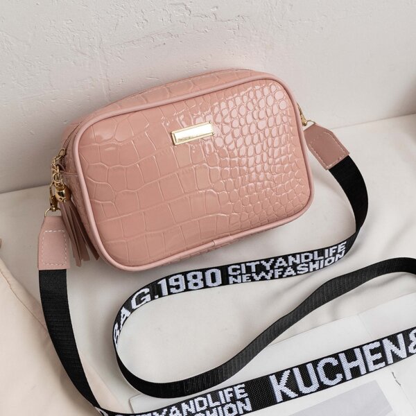 

Tassel Decor Croc Embossed Crossbody Bag, Pink