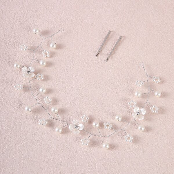 

3pcs Faux Pearl Flower Decor Hair Accessory Set, Beige