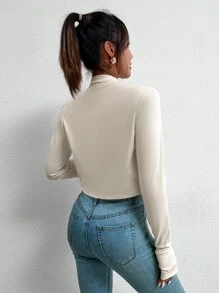 SHEIN Essnce Zip Up Baseball Collar Top With Thumb Hole - Apricot - View 2