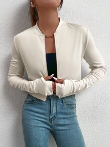 SHEIN Essnce Zip Up Baseball Collar Top With Thumb Hole - Apricot - View 4