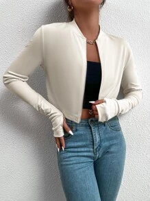 SHEIN Essnce Zip Up Baseball Collar Top With Thumb Hole - Apricot - View 6