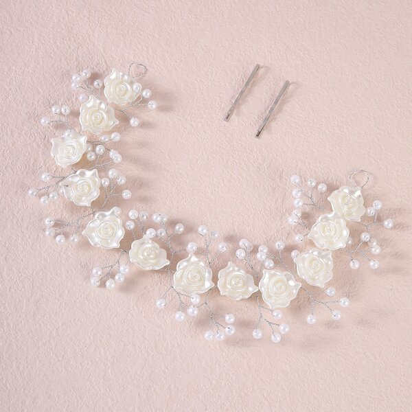 

3pcs Faux Pearl Flower Decor Hair Accessory Set, Beige