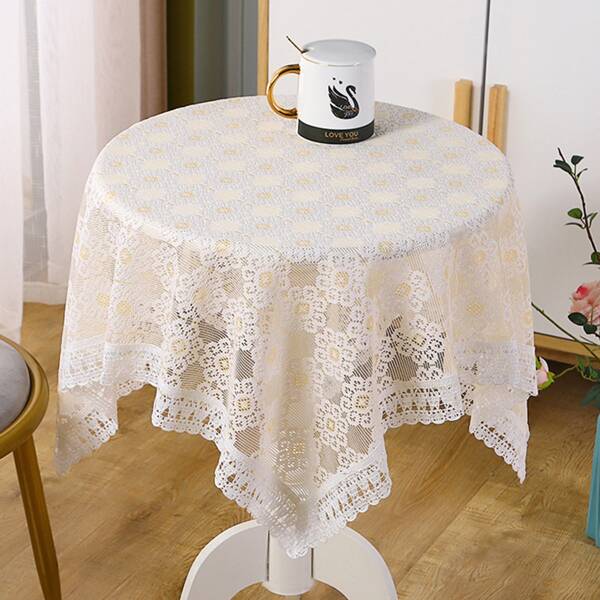 

1pc Embroidery Lace Tablecloth, Beige