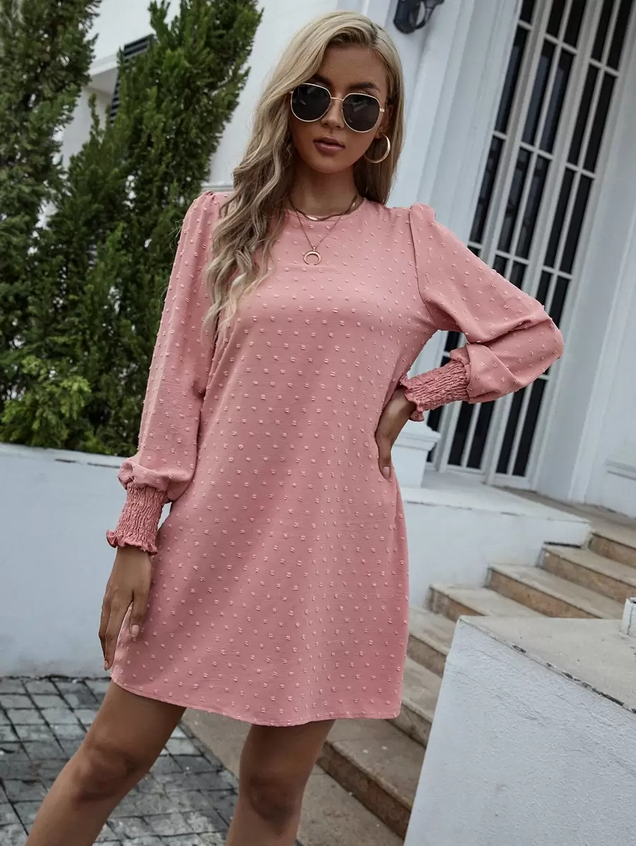 SHEIN LUNE 圓點打褶袖口不附腰帶直筒連衣裙 - 藕粉色 - 查看 1