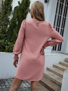 SHEIN LUNE 圓點打褶袖口不附腰帶直筒連衣裙 - 藕粉色 - 查看 2