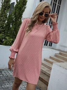 SHEIN LUNE 圓點打褶袖口不附腰帶直筒連衣裙 - 藕粉色 - 查看 3