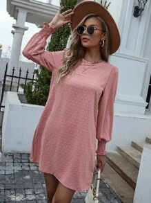 SHEIN LUNE 圓點打褶袖口不附腰帶直筒連衣裙 - 藕粉色 - 查看 4