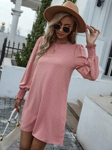 SHEIN LUNE 圓點打褶袖口不附腰帶直筒連衣裙 - 藕粉色 - 查看 5