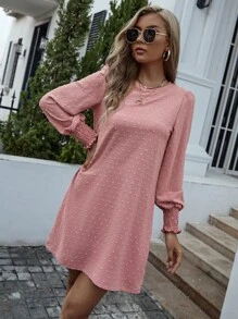 SHEIN LUNE 圓點打褶袖口不附腰帶直筒連衣裙 - 藕粉色 - 查看 6