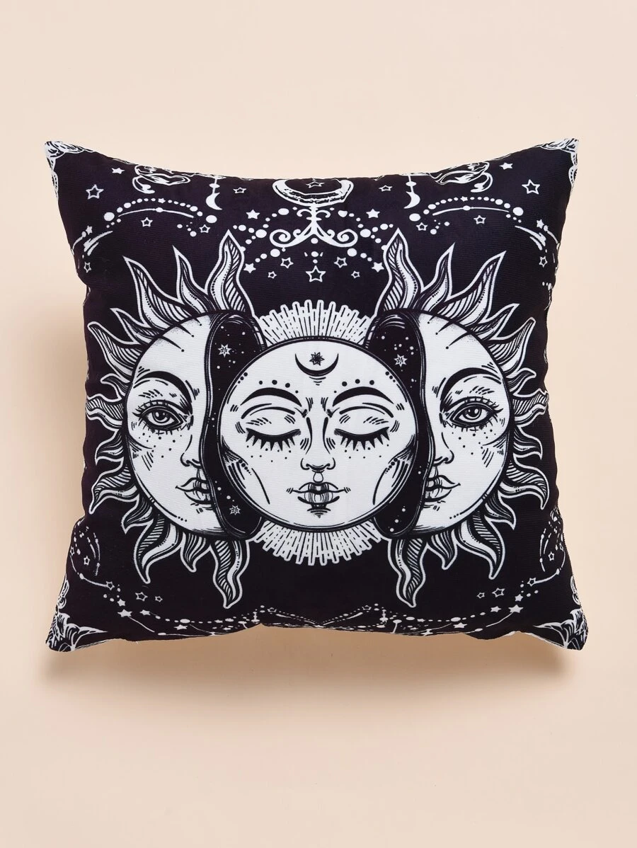 日月圖案靠墊套不附帶墊芯 - 黑色 - 查看 1