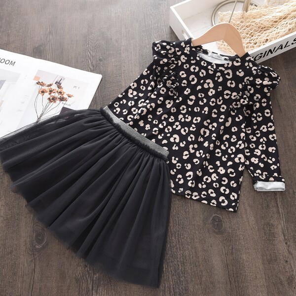 

Toddler Girls Leopard Print Ruffle Trim Top & Flare Skirt, Multicolor