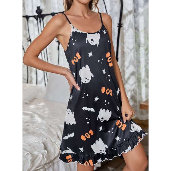 

Halloween & Letter Graphic Ruffle Hem Cami Nightdress, Black