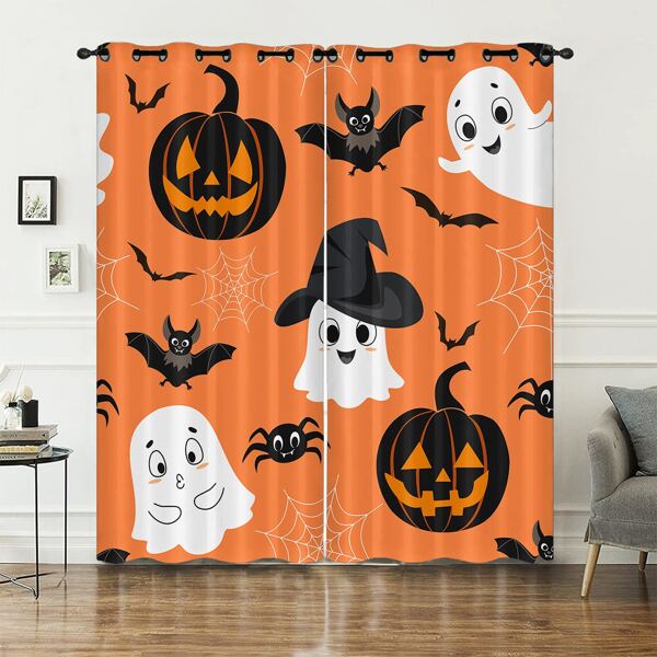 

2pcs Halloween Pattern Curtain, Orange