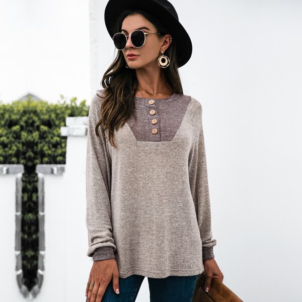 

Color Block Raglan Sleeve Half Button Tee, Khaki