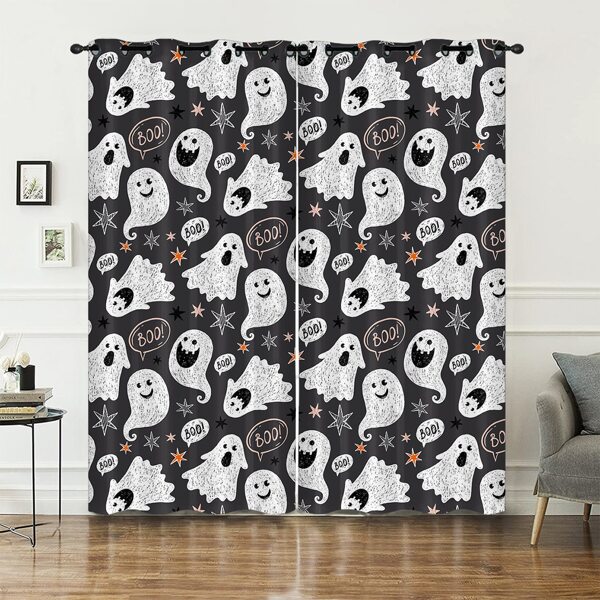 

2pcs Halloween Ghost Print Curtain, Black