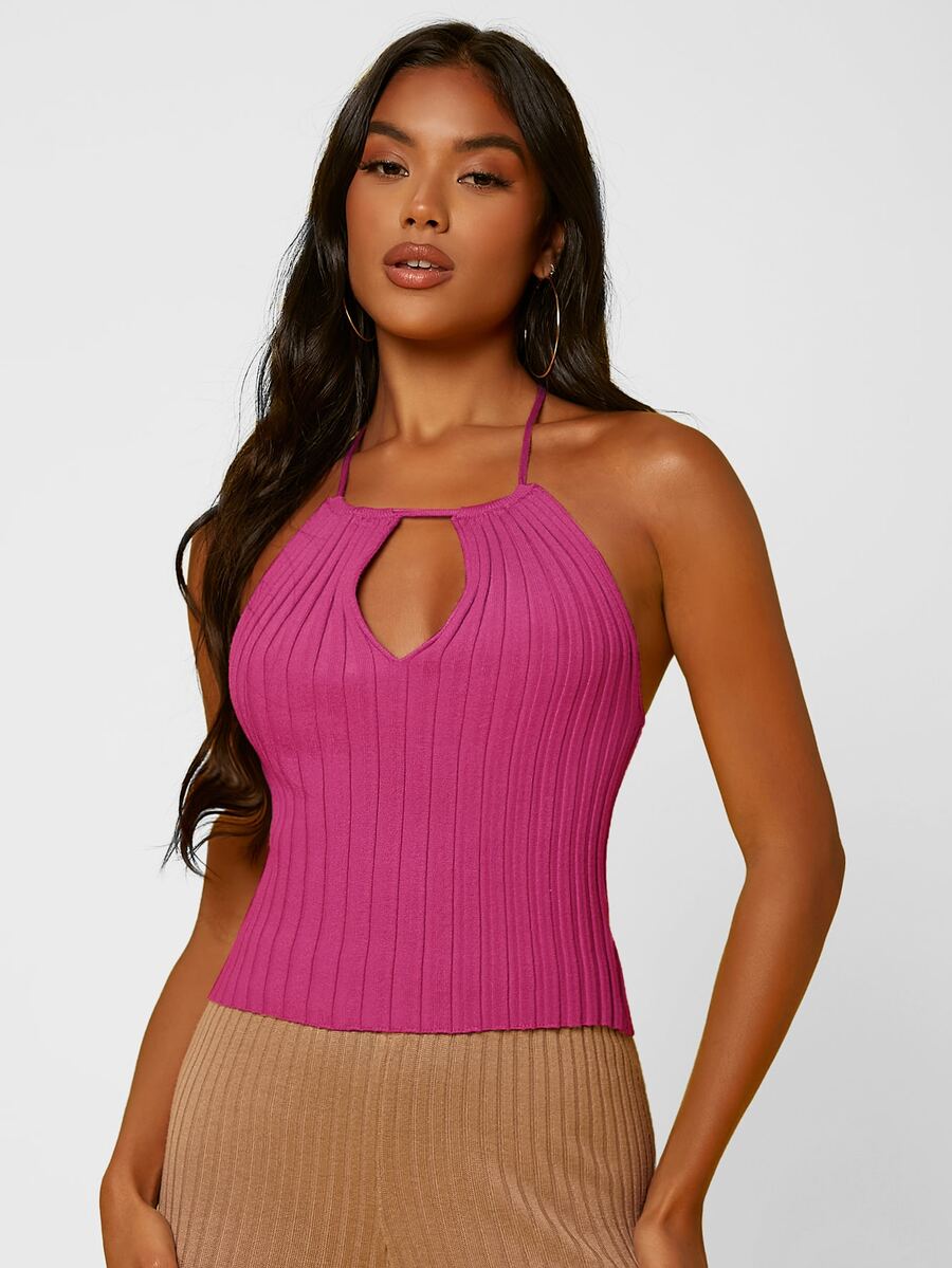 SHEIN BAE Solid Ribbed Knit Halter Top