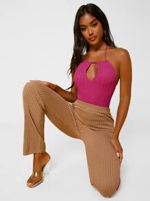 SHEIN BAE Solid Ribbed Knit Halter Top