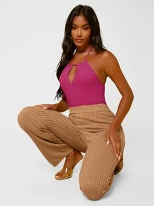 SHEIN BAE Solid Ribbed Knit Halter Top