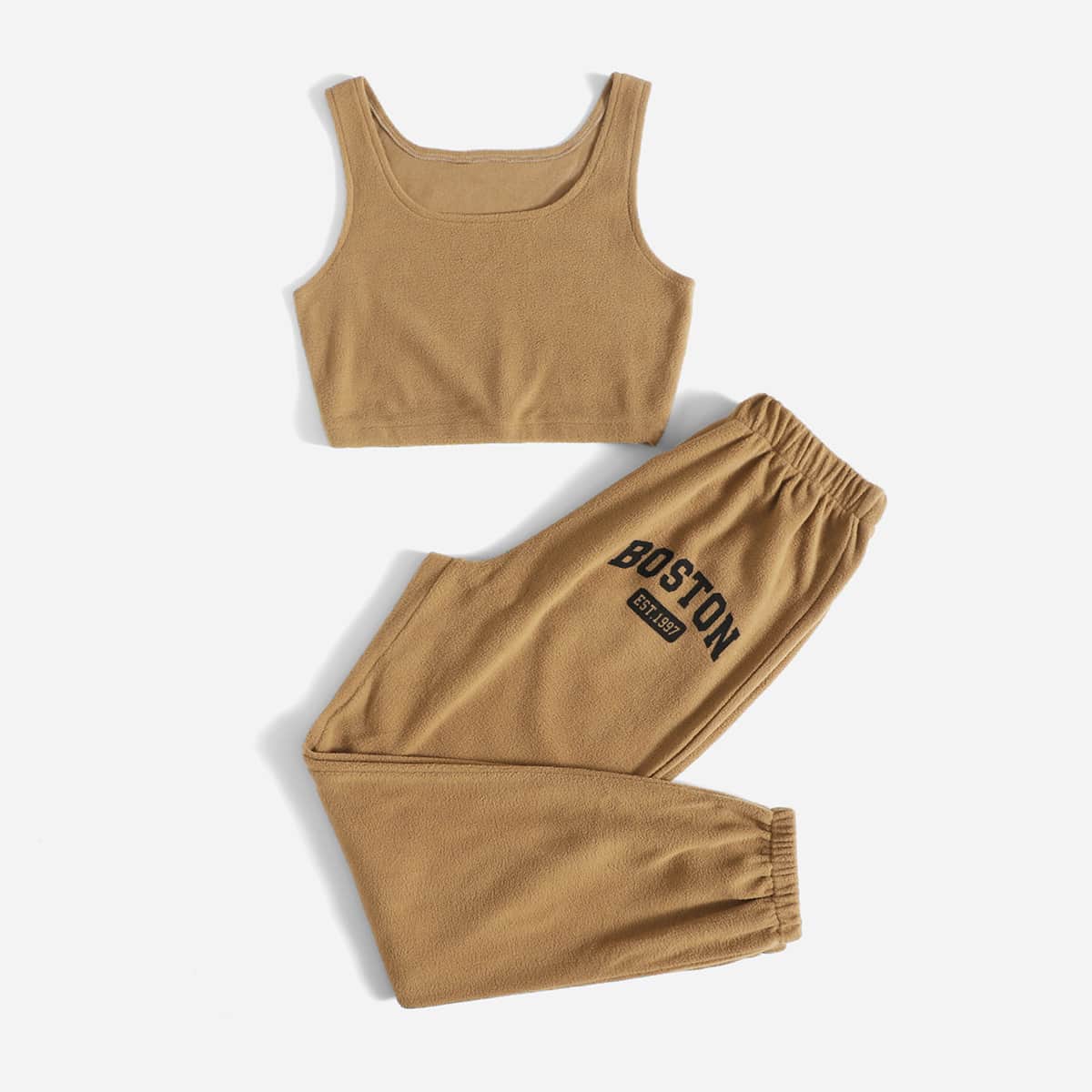 

Solid Fleece Tank Top & Letter Joggers, Khaki