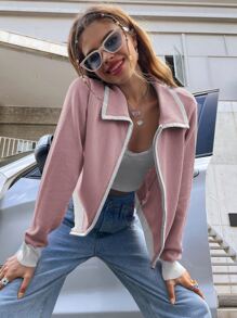 Cardigan à blocs de couleurs zippé - Vieux Rose - Voir 1