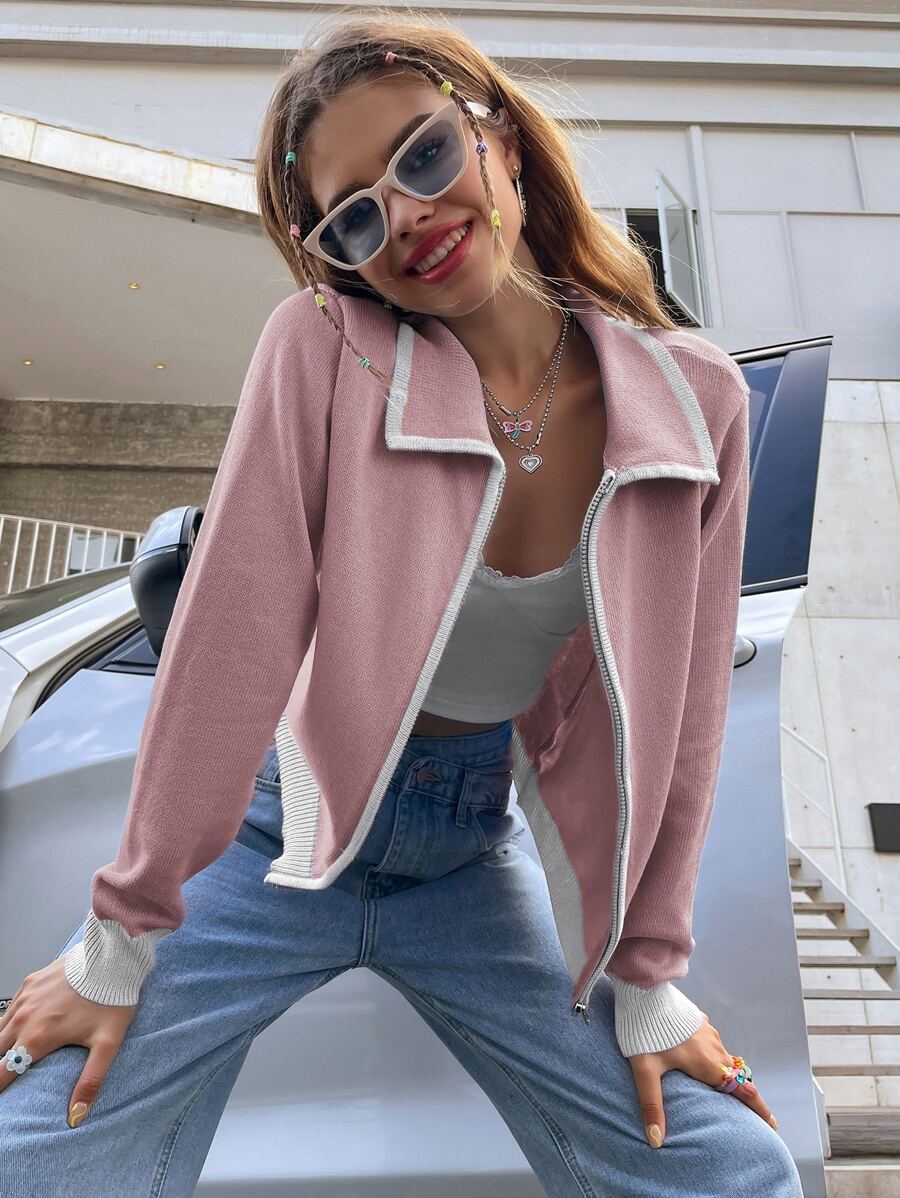 Cardigan à blocs de couleurs zippé - Vieux Rose - Voir 1