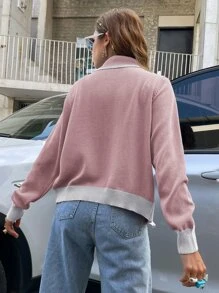 Cardigan à blocs de couleurs zippé - Vieux Rose - Voir 2