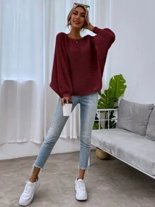 SHEIN LUNE Solid Dolman Sleeve Jumper - Rose Red - View 3