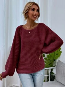 SHEIN LUNE Solid Dolman Sleeve Jumper - Rose Red - View 5