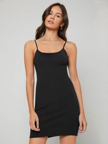 SHEIN 素色吊帶緊身毛衣洋裝 - 黑色 - 查看 5