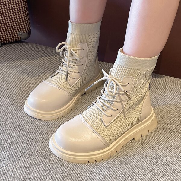 

Girls Minimalist Lace-up Front Boots, Beige
