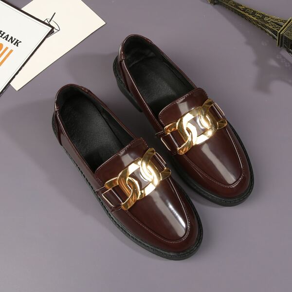 

Girls Chain Decor Flat Loafers, Chocolate brown