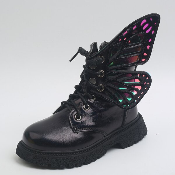 

Toddler Girls Holographic Butterfly Decor Lace-up Front Boots, Black