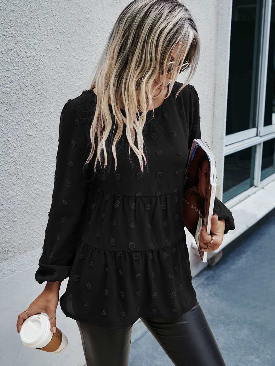 SHEIN LUNE Blusa de lunares bajo con fruncido - Negro - Ver 1