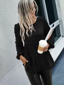 SHEIN LUNE Blusa de lunares bajo con fruncido - Negro - Ver 3