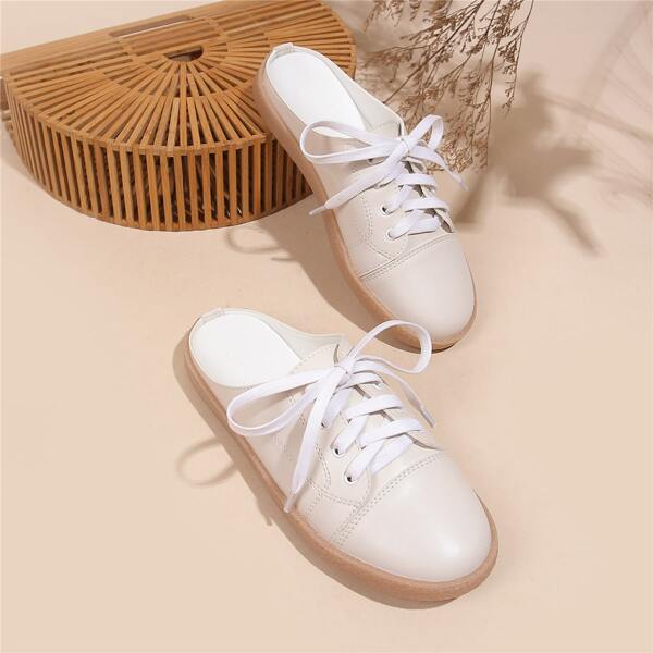 

Minimalist Lace-up Front Flats, Beige