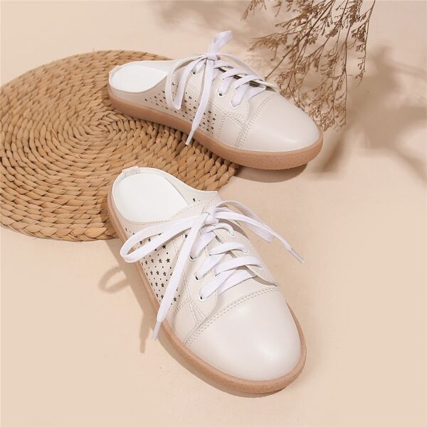 

Lace-up Front Cut Out Design Flats, Beige