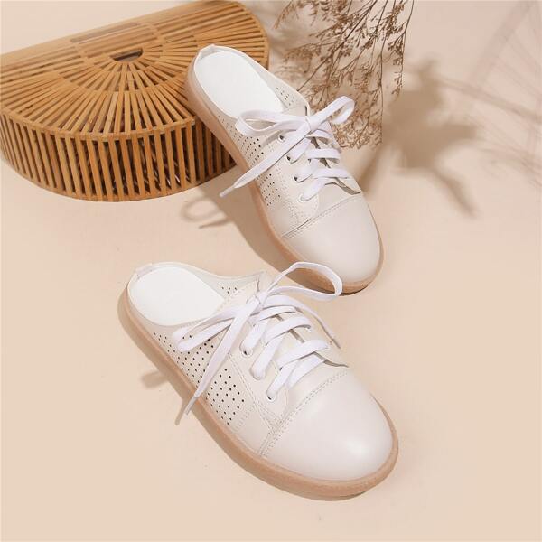 

Minimalist Hollow Out Lace Up Front Flats, Beige