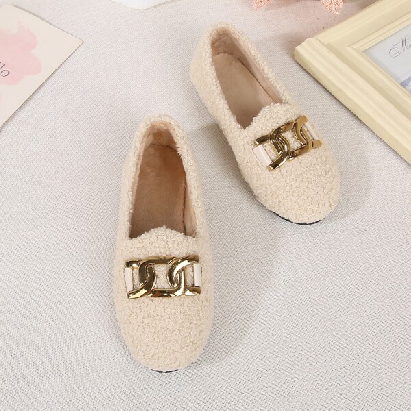 

Girls Fluffy Chain Decor Loafers, Apricot