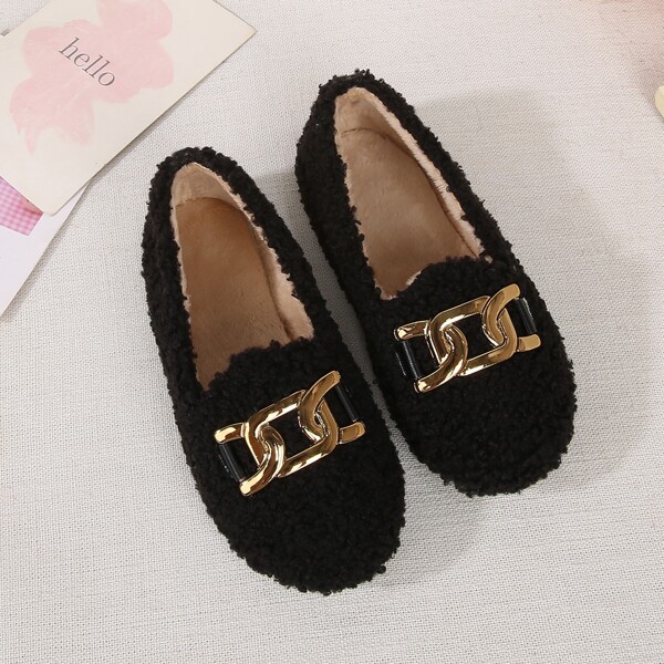 

Girls Fluffy Chain Decor Loafers, Black