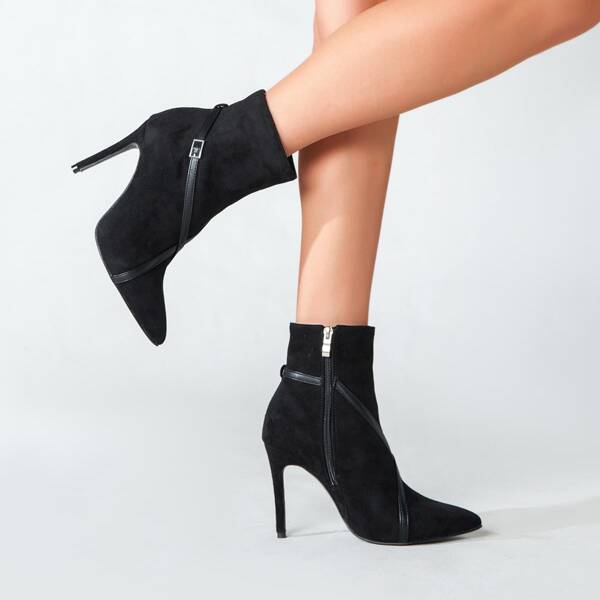 

Buckle Detail Side Zip Stiletto Heeled Classic Boots, Black