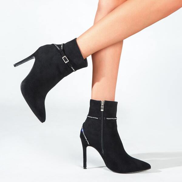 

Rhinestone Decor Side Zip Stiletto Heeled Boots, Black