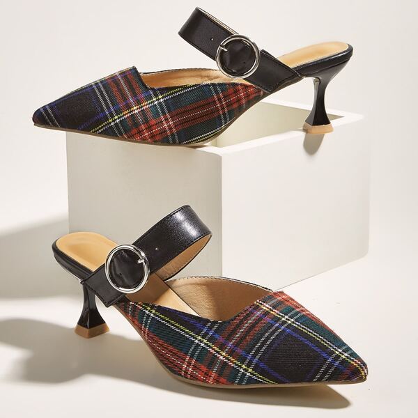 

Plaid Pattern Buckle Detail Heeled Mules, Multicolor