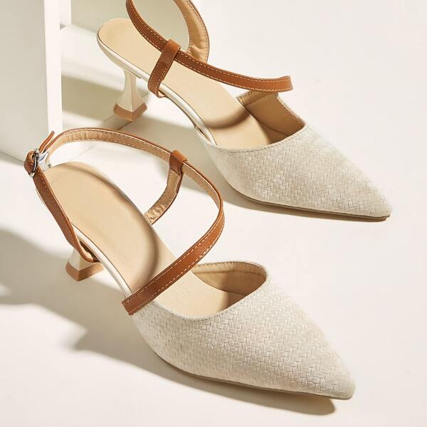 

Textured Point Toe Slingback Pumps, Beige