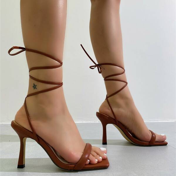 

Minimalist Stiletto Heeled Gladiator Sandals, Brown