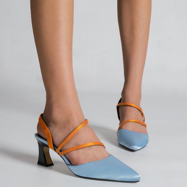 

Contrast Binding Satin Slingback Pumps, Blue