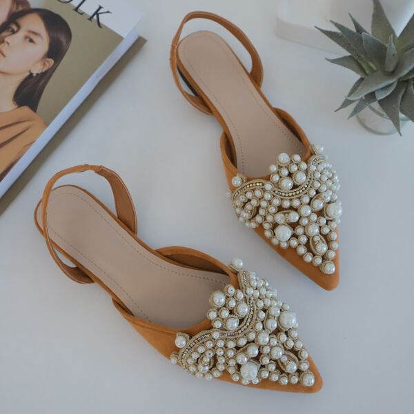 

Faux Pearl Decor Point Toe Slingback Flats, Orange