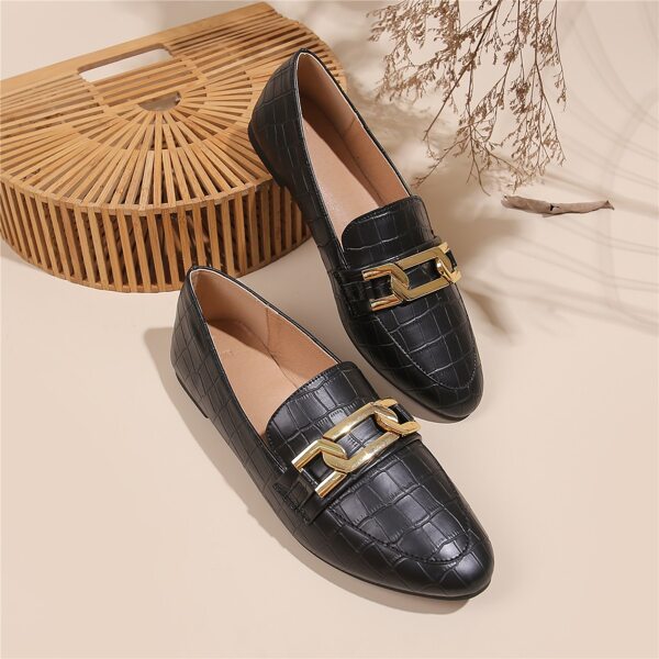 

Metal Decor Croc Embossed Loafers, Black