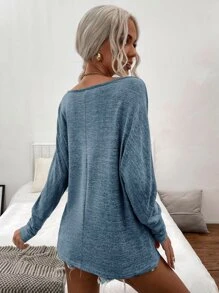 SHEIN LUNE Space Dye Boat Neck Batwing Sleeve Tee - Dusty Blue - View 2